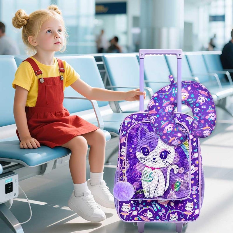UFNDC 5PCS Kids Suitcase Set for Girls, Cute Sequins Cat Rolling Luggage, Travel Carry-On for Toddlers & Elementary Children - Image 3